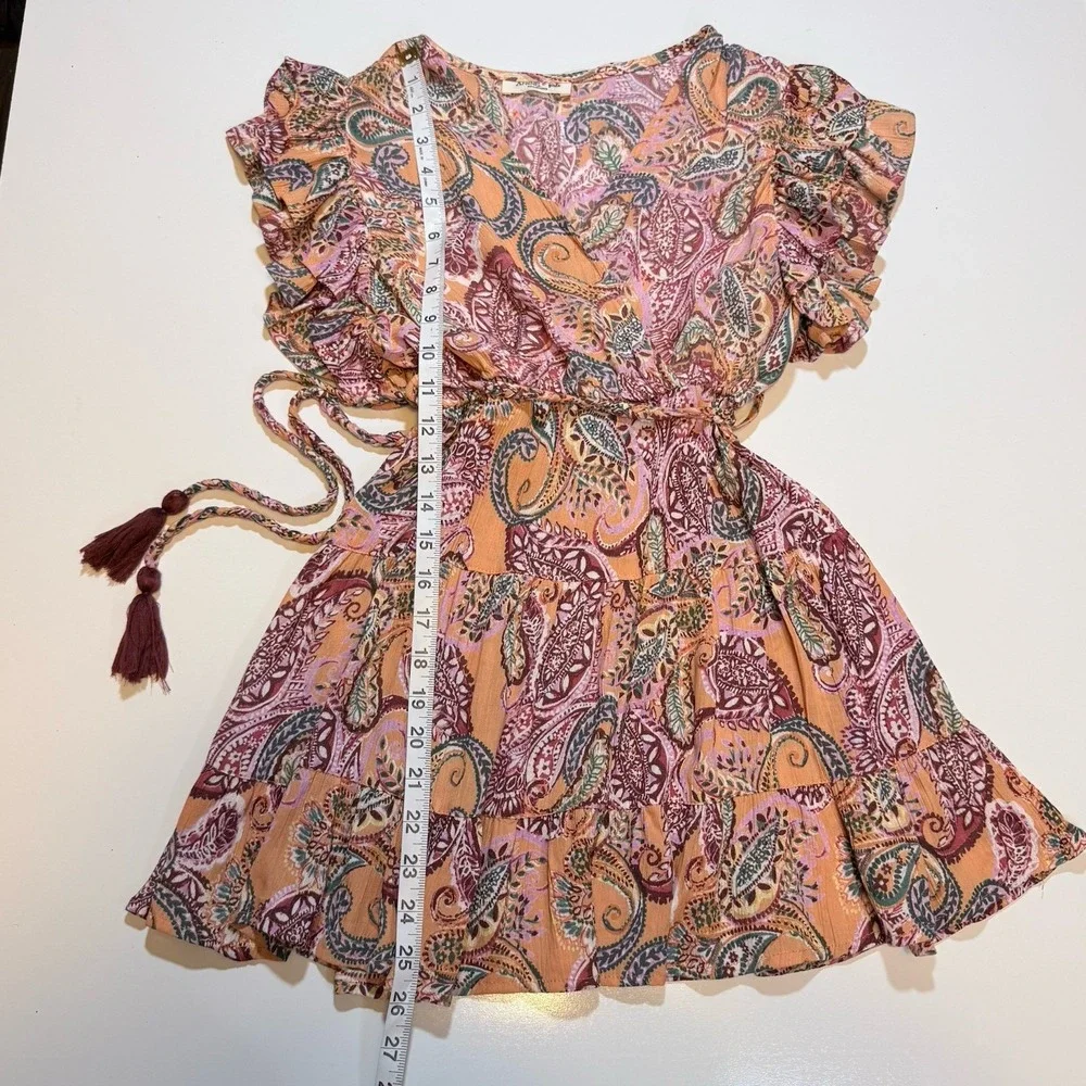 Angie Girls Multicolor Boho Paisley Mini Dress Flutter Ruffle Sleeve Tassel Tie